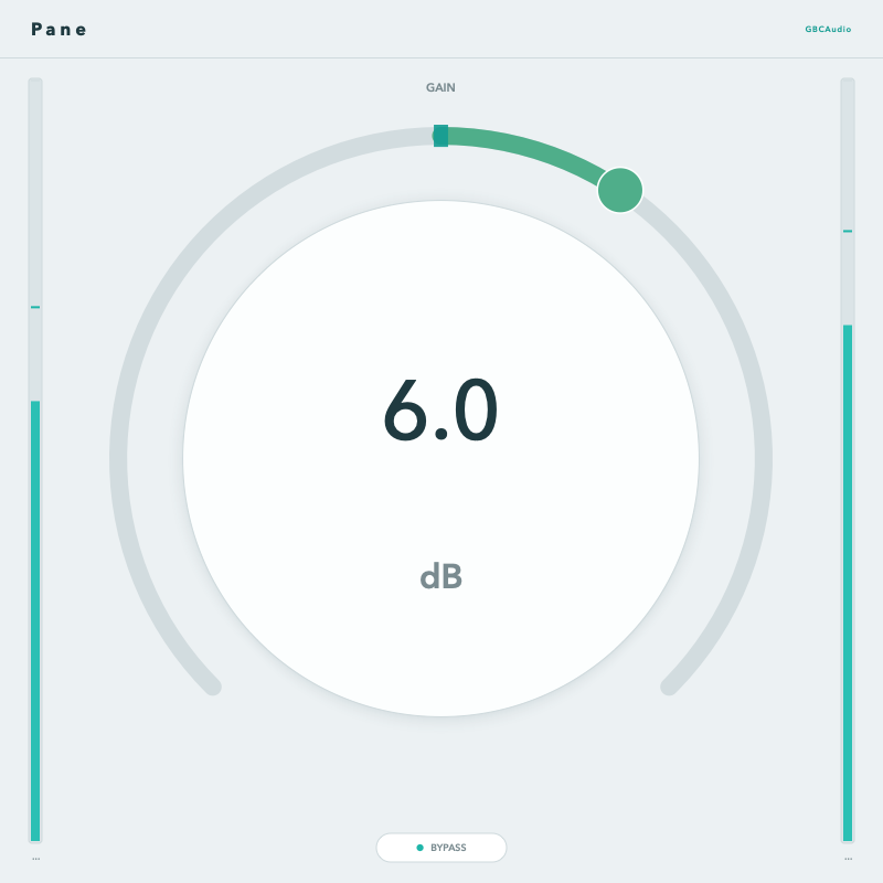 Pane boosting by 6 dB with pink noise running, the arc green, the readout 6.0, and the output meter higher than the input meter.