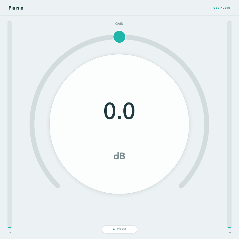 Pane's interface at unity gain: a single large knob at twelve o'clock in teal, with input and output meters either side.
