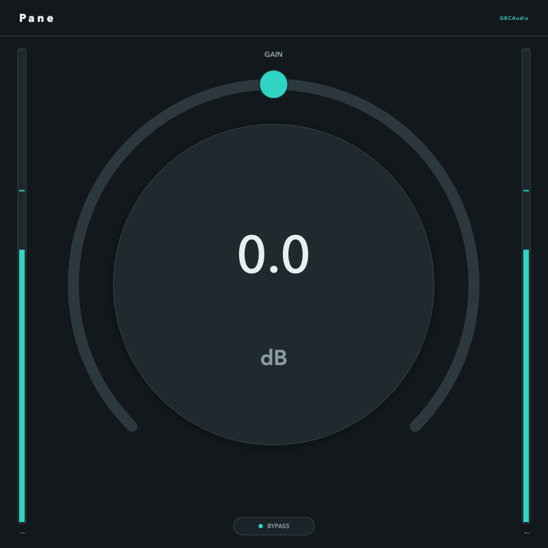 Pane in its dark face at unity gain with pink noise running, the knob at twelve o'clock in teal and both meters level.