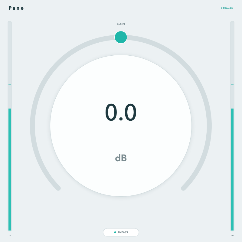 Pane at unity gain with pink noise running: a single large knob at twelve o'clock in teal, and input and output meters reading the same level either side.
