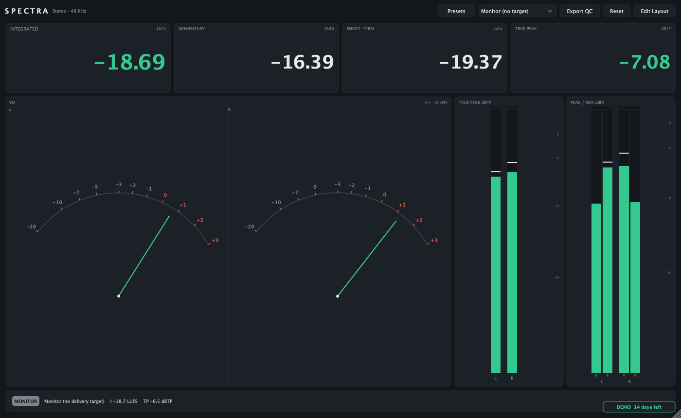 Spectra's VU / Levels preset showing analog-style VU meters and level metering.
