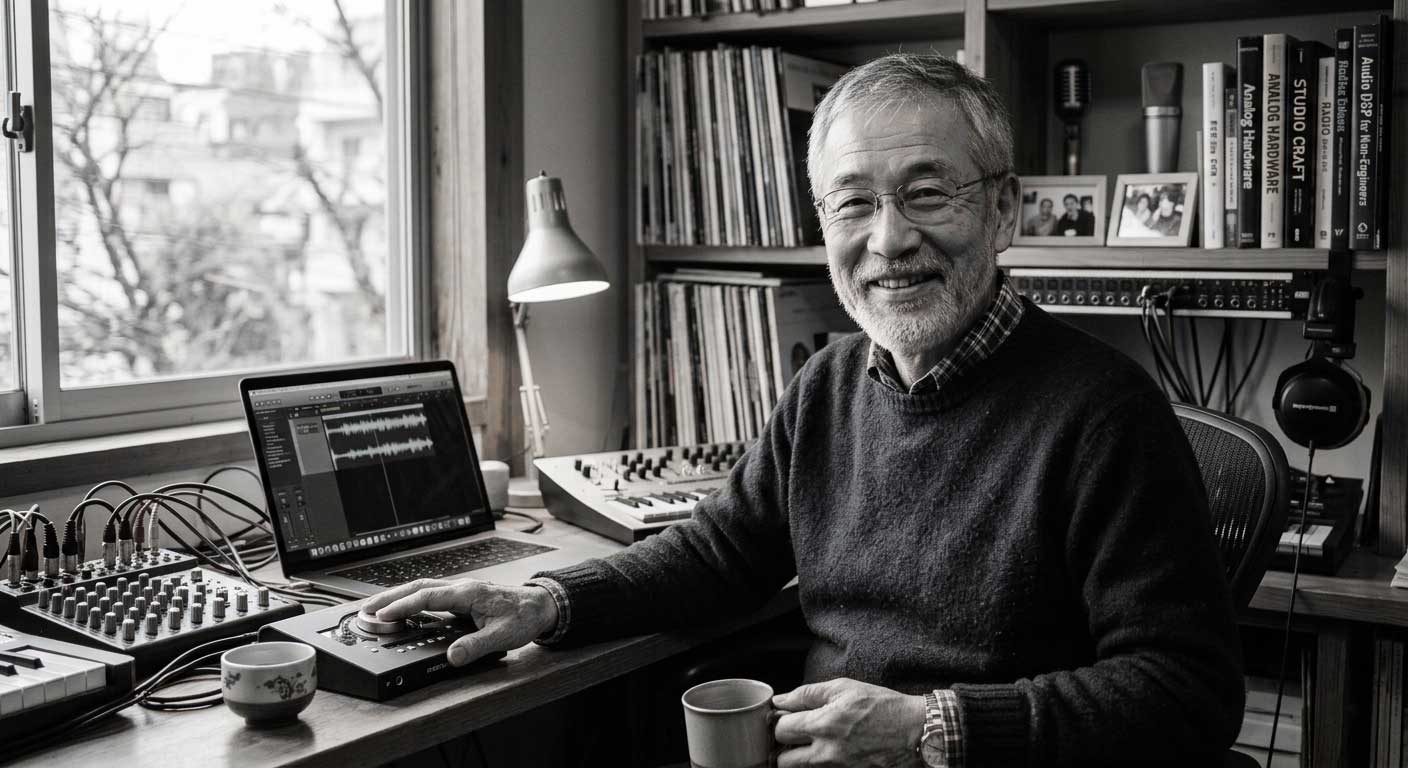 Taro Takaki, founder of GBCAudio, at his desk with a laptop showing a waveform, a mixer, an audio interface and shelves of records.